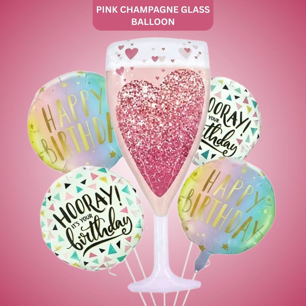 Pink Champagne Glass with Happy Birthday Balloon Set - Set of 5 - Party and Festive Needs | Buy online on ZillyBuy