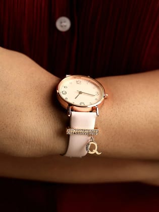 Round Analog Watch With Q Liberty Initial Watch Charm - Dusty Pink-Watches