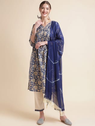Dark Blue Printed Cotton Blend V-Neck Kurta Set-S