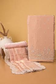Peach Pink Organza Unstitched Dress material with Bead Embroidery Work Peach Pink Organza Unstitched Dress material with Bead Embroidery Work