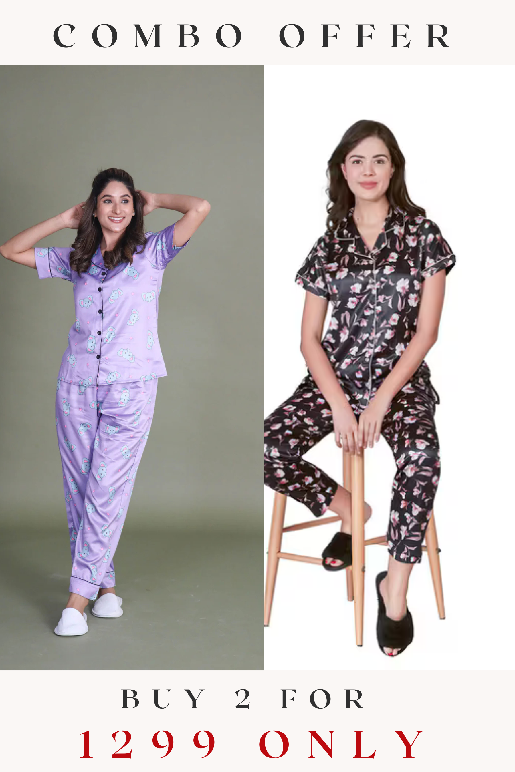 COMBO OF 2 Night Wear Satin Charcoal Lilac Color suits-s