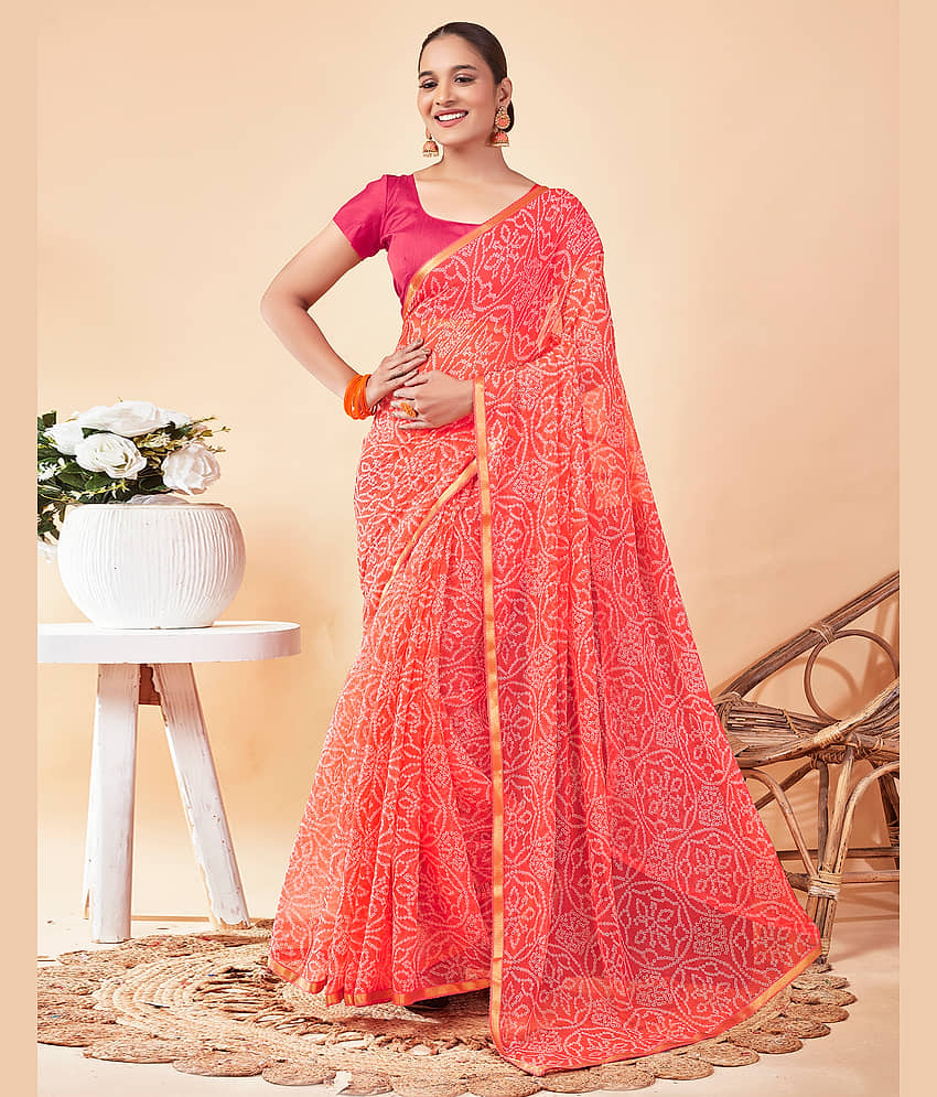 Satrani Chiffon Printed Saree With Unstitched Blouse Piece ( Peach )