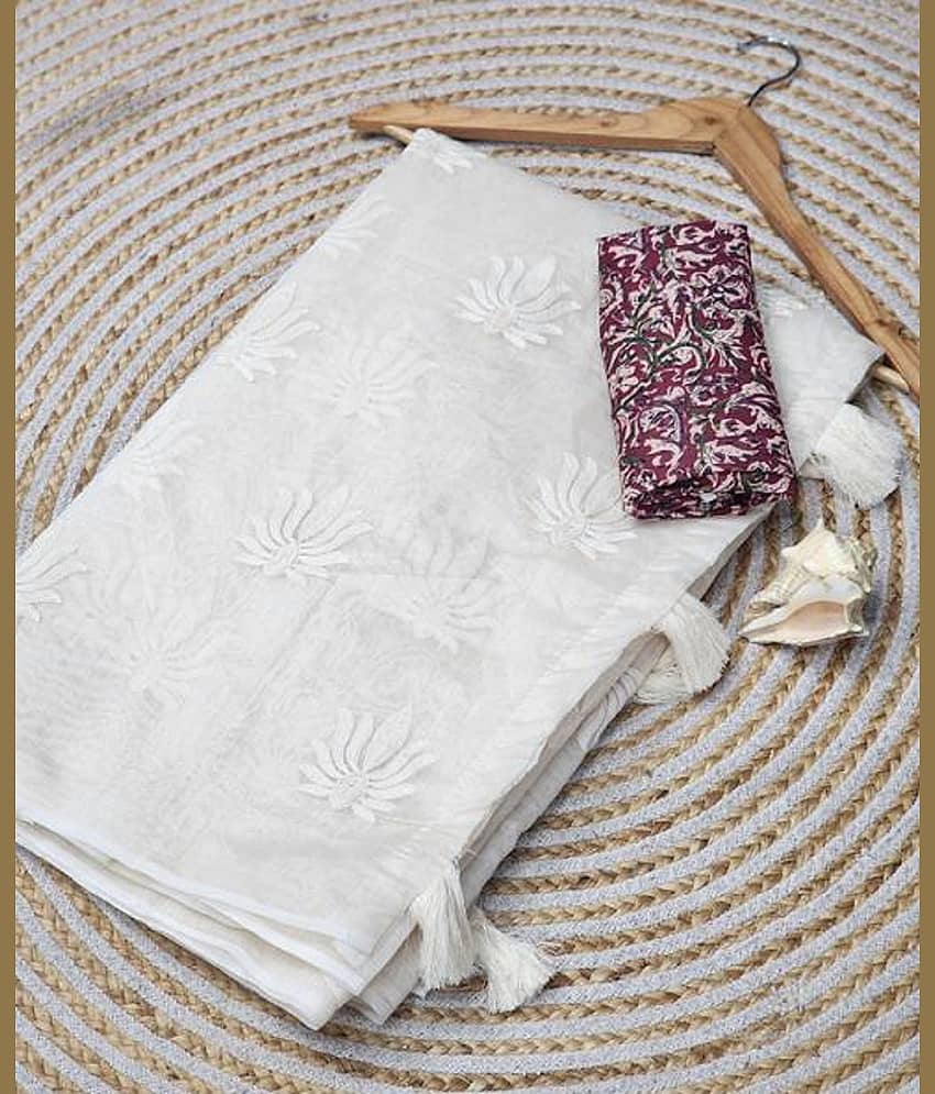 JULEE Chanderi Self Design Saree With Unstitched Blouse Piece ( Cream )