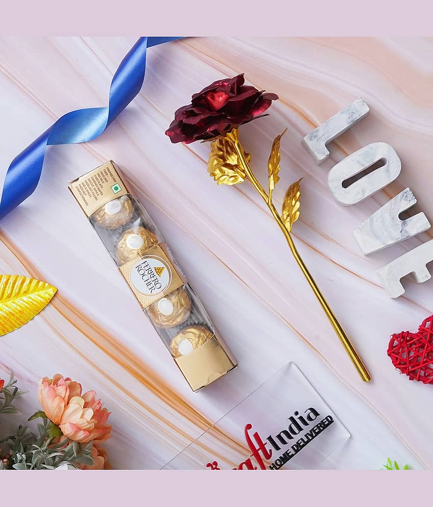 eCraftIndia Golden Rose And Ferrero Rocher Chocolates Assorted Gifts