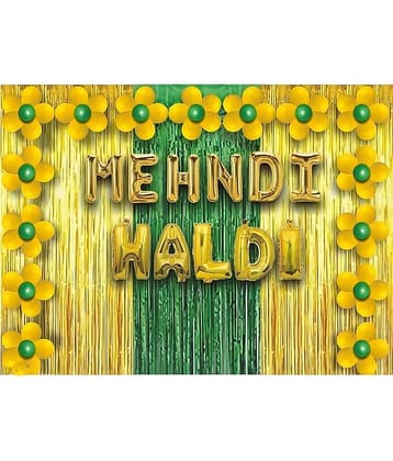 PartyBooms Haldi And Mehandi Ceremony Decoration Pack of 44 items | Decoration Kit contains 1 Haldi and 1 Mehandi Foil Balloon, 30 Green and Yellow Balloons And 2 Golden and 1 Green Fringe Curtains