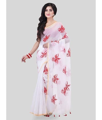 Desh Bidesh Cotton Embroidered Saree With Unstitched Blouse Piece ( White )