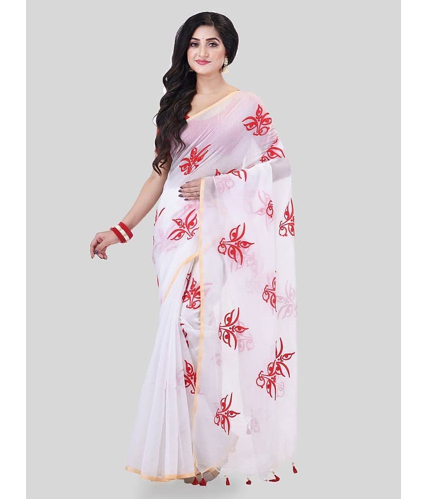 Desh Bidesh Cotton Embroidered Saree With Unstitched Blouse Piece ( White )