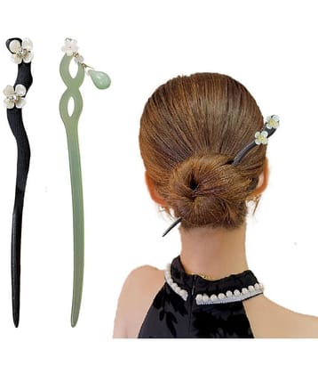 LYKAA Wooden Resin Juda Pin Hair Sticks Buns Hair Accessories for Women Girls - 2Pcs (Green/Black) - Multi