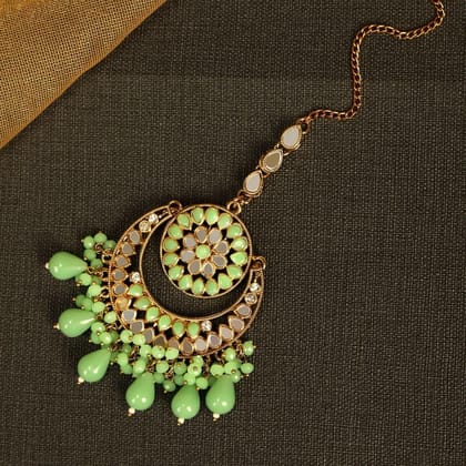 Women Gold-Plated Green Beaded Mirror Maang Tikka