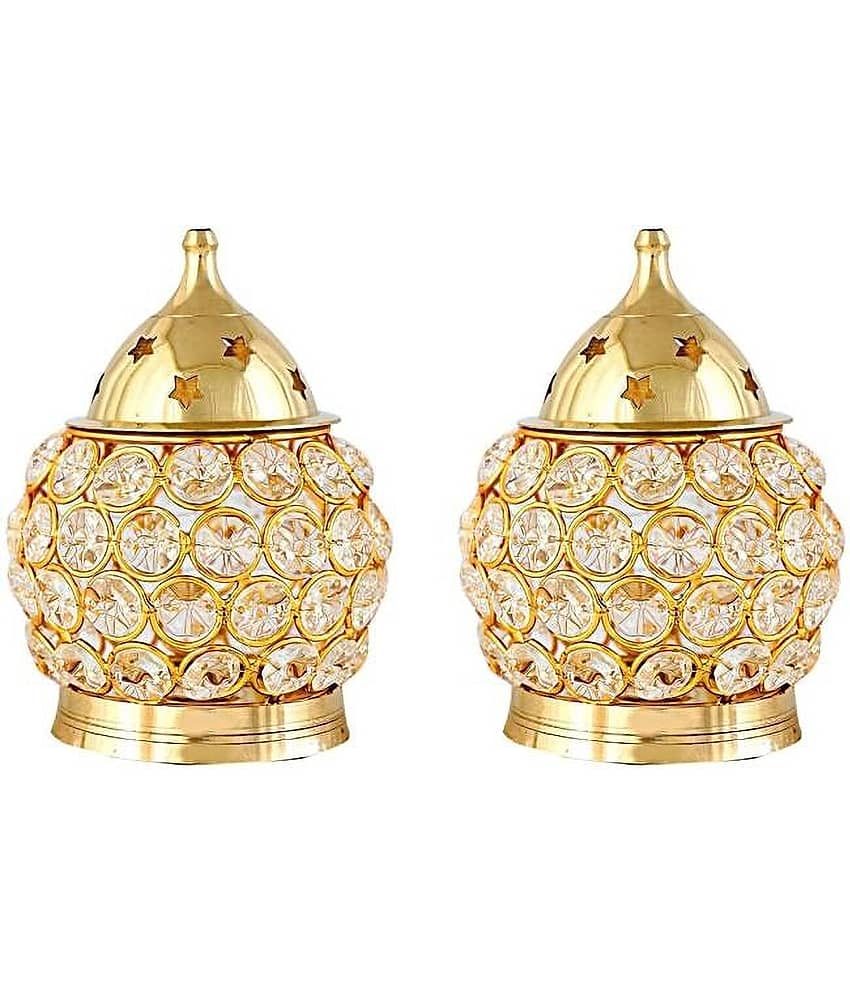 Fashion Bizz Brass Akhand Diya | Diamond Crystal Deepak/Diya Table Diya - Set of 2