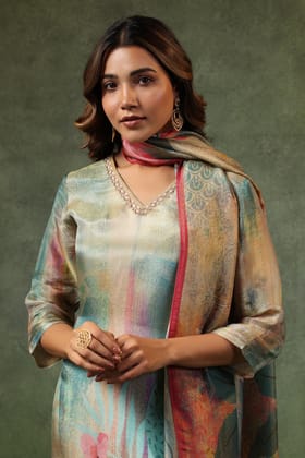Muneer Zeenat Aara Sage Kurta Pant and Dupatta Set-S / Green / Green