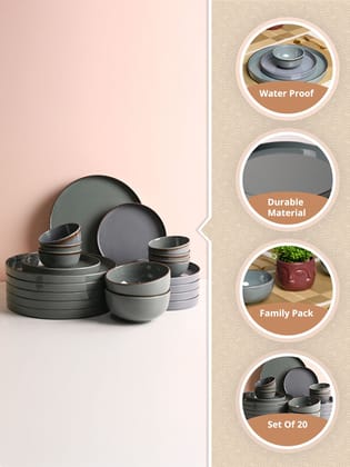 24-Piece Stoneware Dinnerware Set, Muted Grey-Green Ceramic Plates & Bowls