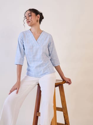 Blue Check V-Neck Top-XS