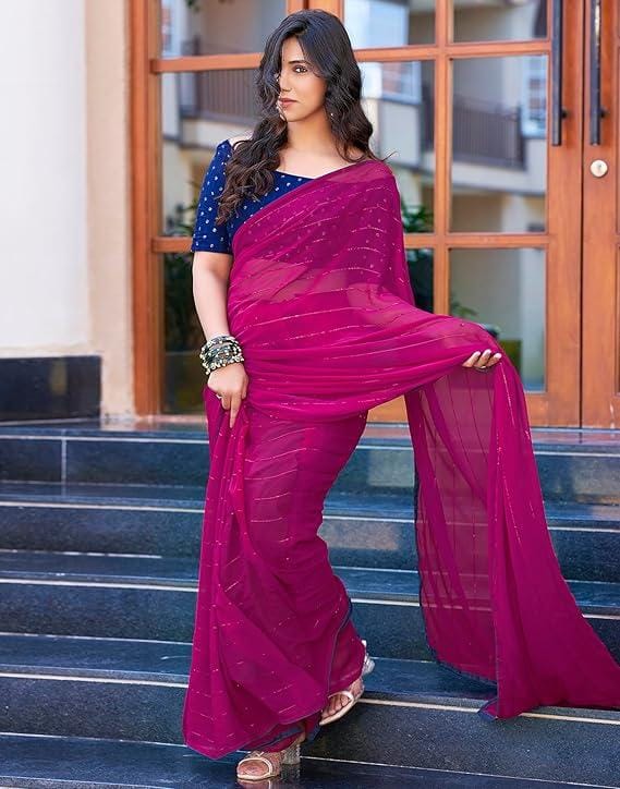 Women's Dyed Jacquard Embroidery Work Georgette Saree with Unstitched Blouse