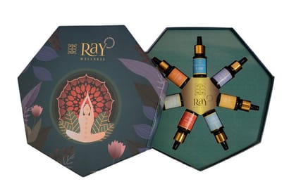 Ray Wellness Ayurvedic Chakra oil gift set used over face for Radiant Skin, single drop of oil can be used to inhale ( Combo Pack of 80- 15ml each