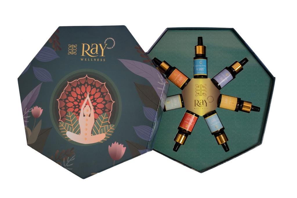 Ray Wellness Ayurvedic Chakra oil gift set used over face for Radiant Skin, single drop of oil can be used to inhale ( Combo Pack of 80- 15ml each