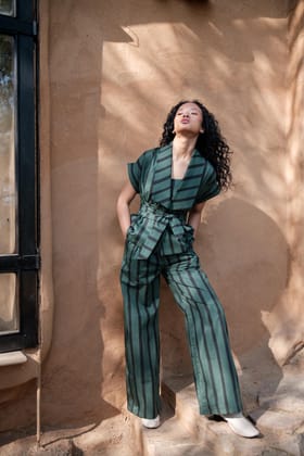 Berlin Shawl Collar Top Green Stripes-XS