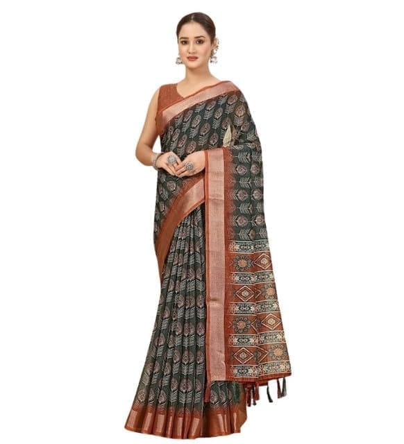 Women's Cotton Silk Printed Saree With Unstitched Blouse 5.5Mtr (Multicolor)-PID66610