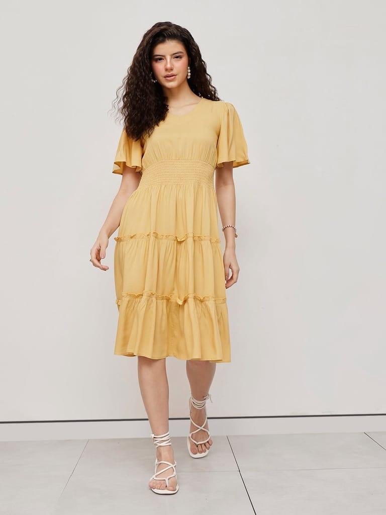 Flounce Midi Summer Dress Yellow