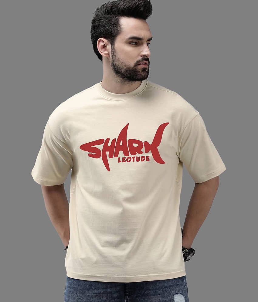 Leotude Men Cotton Blend Oversized Fit Printed T-Shirt ( Beige )