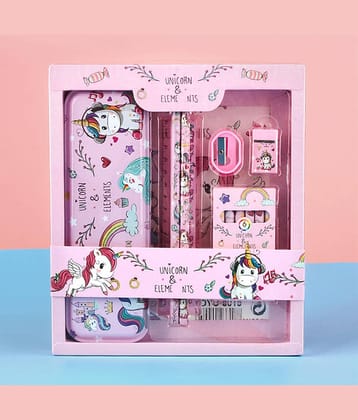 Unicorn Printed Stationary Kit Pencil Box, Pencil Sharpner Eraser Scale Cryon Kit for Kids