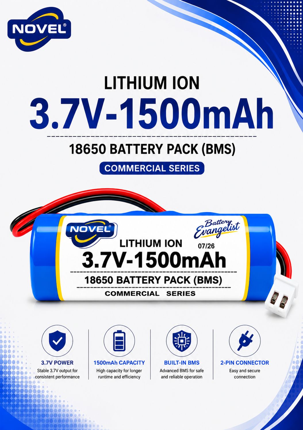 NOVEL 3.7V BMS 18650 LITHIUM ION SINGLE BATTERY WITH JST 2PIN- 1500mAh