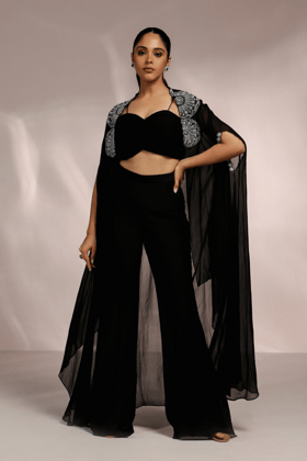RUCHING BLOUSE WITH SIDE SLIGHT PANT AND CAPE SET-XS