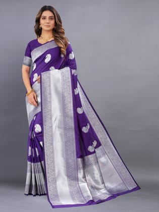 Yavira silk Women's Purple Handwoven Silk Blend Saree