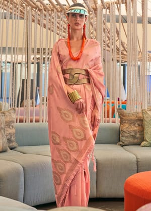 Blush Peach Bronze Zari Woven Satin Silk Saree