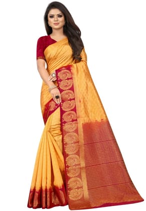Women's Kanjivaram Silk Saree with Unstitched Blouse Piece (Yellow, 5-6 Mtrs)