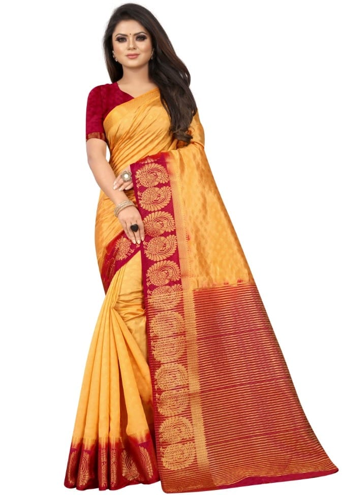 Women's Kanjivaram Silk Saree with Unstitched Blouse Piece (Yellow, 5-6 Mtrs)