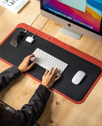 DailyObjects Dart Large Premium Vegan Leather Desktop/Laptop Desk Mat for Work from Home/Office/Gaming | Cable Organiser & Hideway Storage | Extended Mousepad & Water-Resistant - Red - Model - R1 Red Black R1 / One Size