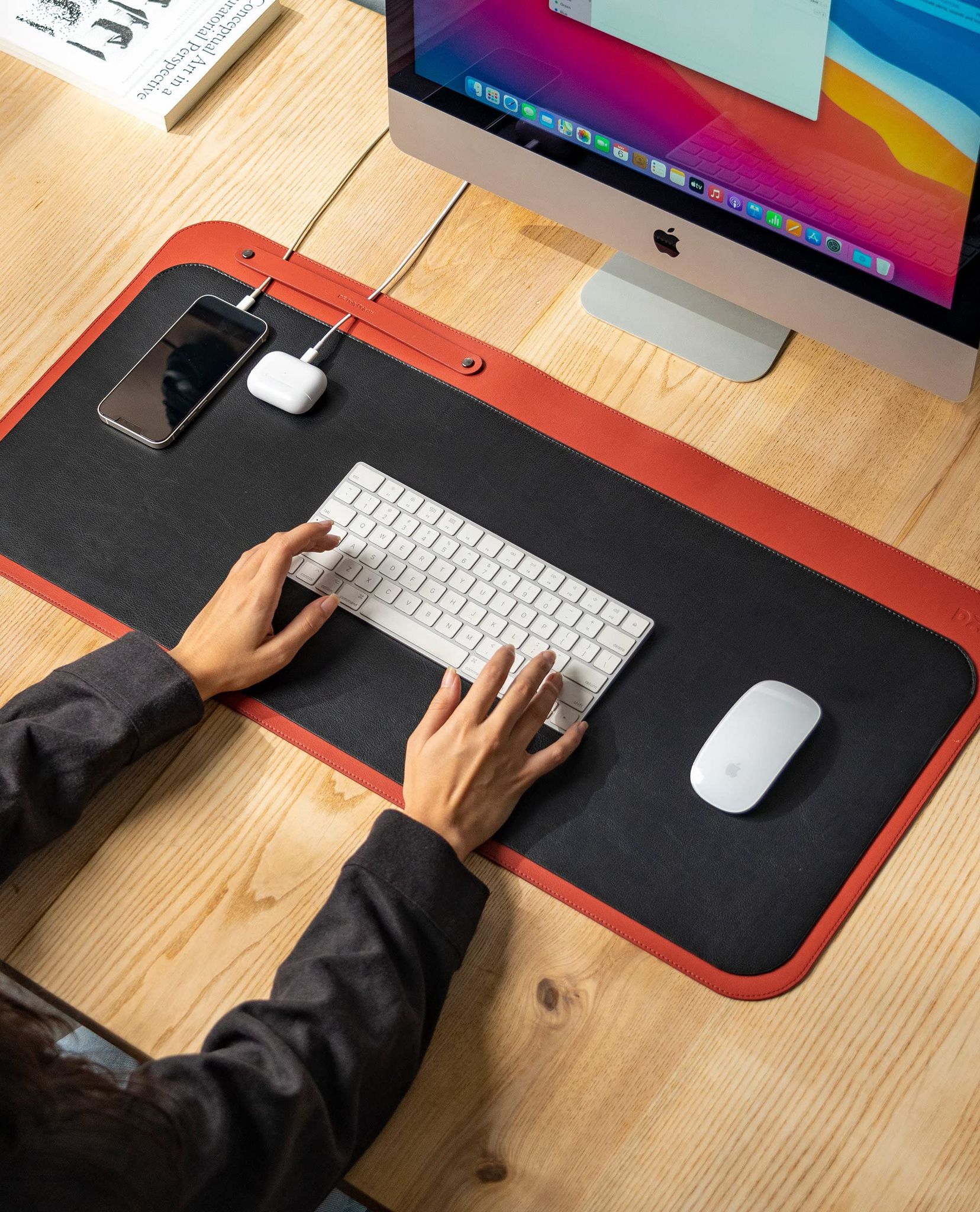 DailyObjects Dart Large Premium Vegan Leather Desktop/Laptop Desk Mat for Work from Home/Office/Gaming | Cable Organiser & Hideway Storage | Extended Mousepad & Water-Resistant - Red - Model - R1 Red Black R1 / One Size