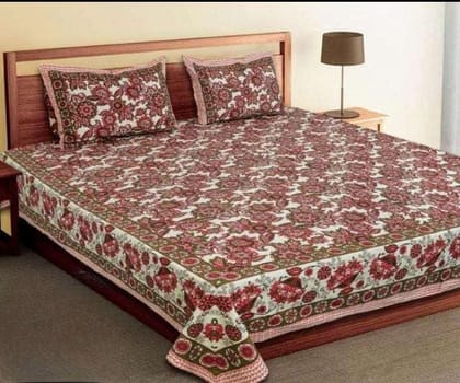 300 TC Pure Cotton Traditional Rajasthani Printed Double Bed Bedsheet,Double King with 2 Pillow Covers,100 X 108 Inches, Red Floral