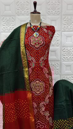 Khatli Mirror work Kutch Bandhani Dress Material-Unstitched / Red