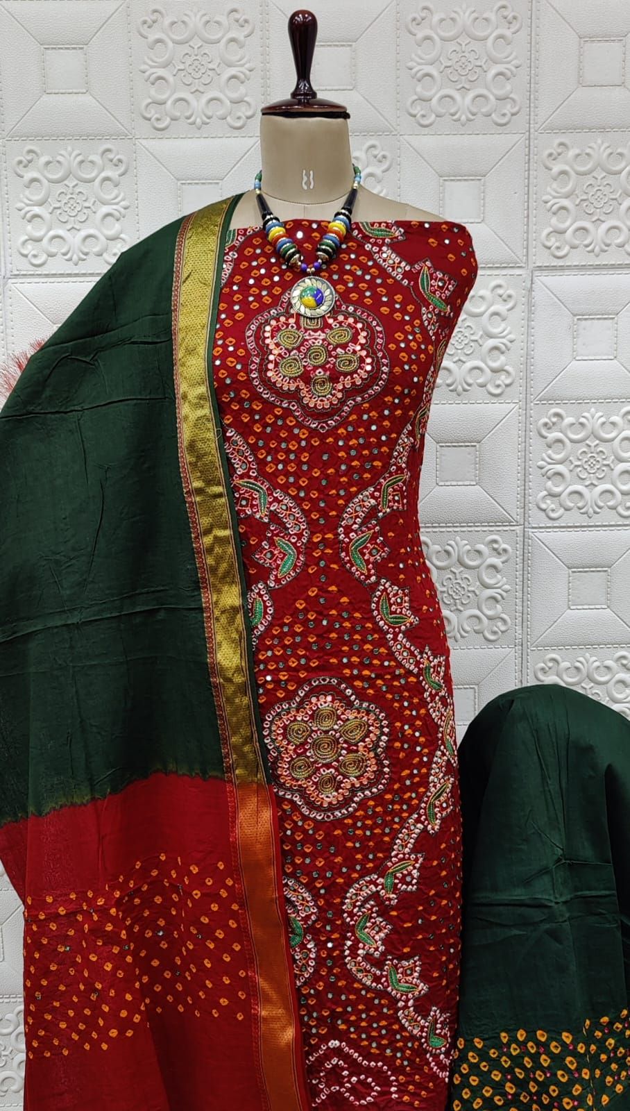 Khatli Mirror work Kutch Bandhani Dress Material-Unstitched / Red
