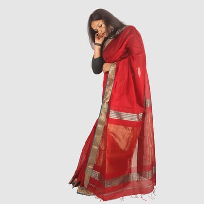 Royal Red Maheshwari Silk Cotton Handloom Saree with Gold and Silver Zari Borders