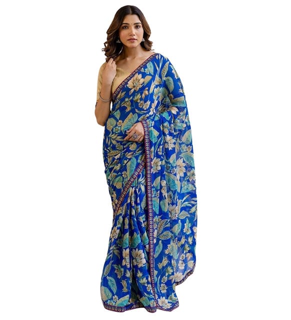 Generic Women's Georgette Floral Printed Saree with Unstitched Blouse Piece, Soft Lightweight 5.5 m Sari for Daily, Office and Wear (Blue, Design 67606)