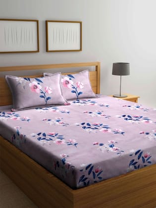 Grey & Mauve Floral 300 TC Super King Bedsheet with 2 Pillow Covers