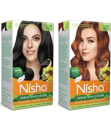 Nisha Creme Hair Color Combo Pack Natural Black and Golden Brown - 120g, Ammonia Free Permanent Hair Colour