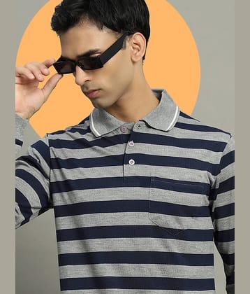 GET GOLF Pack of 1 Cotton Blend Regular Fit Striped Full Sleeves Men's Polo T Shirt ( Grey )