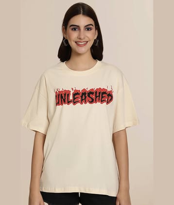 Fabflee Women Cotton Printed Oversized Fit Round Neck T-Shirt ( Cream )