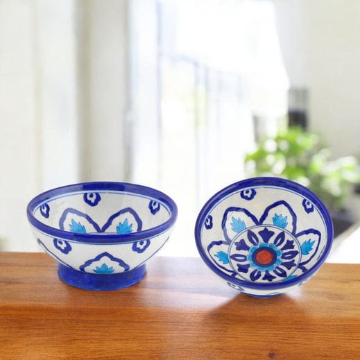 Handcrafted Round Blue Pottery BowlsSet of 2Floral Pattern6