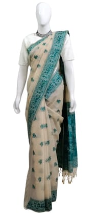 Saura Art Cotton Saree Beige Teal Village Scene Pallu