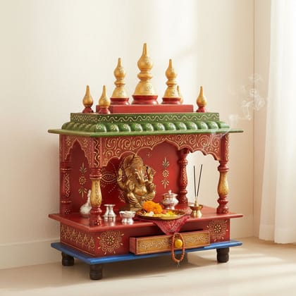 Wooden Beautiful Pooja Painted Wall Decor Temple Mandir-Pooja Mandir