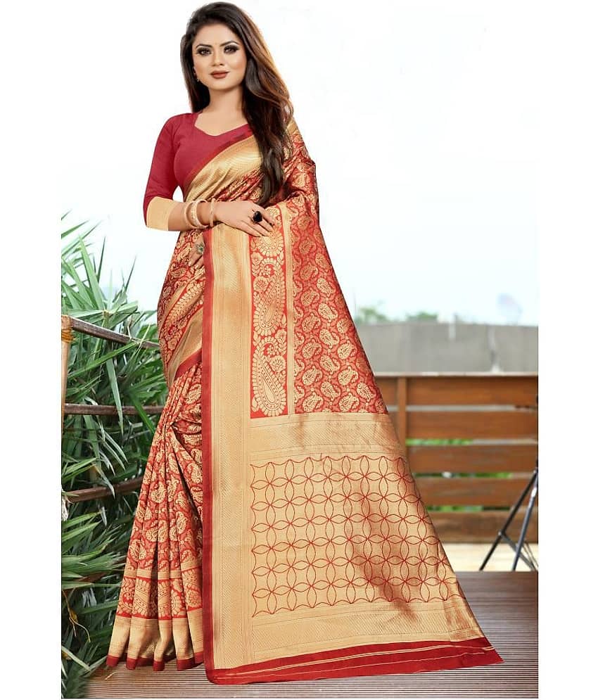 Gazal Fashions Banarasi Silk Printed Saree With Unstitched Blouse Piece ( Red )