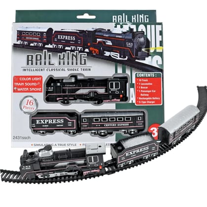Braintastic Rail King Electric Train Set for Kids|16-Piece Classic Track Set with Light, Sound & Smoke|Rechargeable Battery Operated Track Train Toy for Boys & Girls