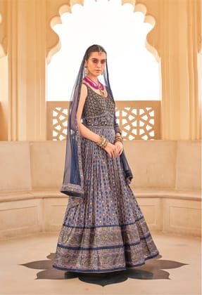 Blue Printed Anarkali Dress with Zari Work Coat