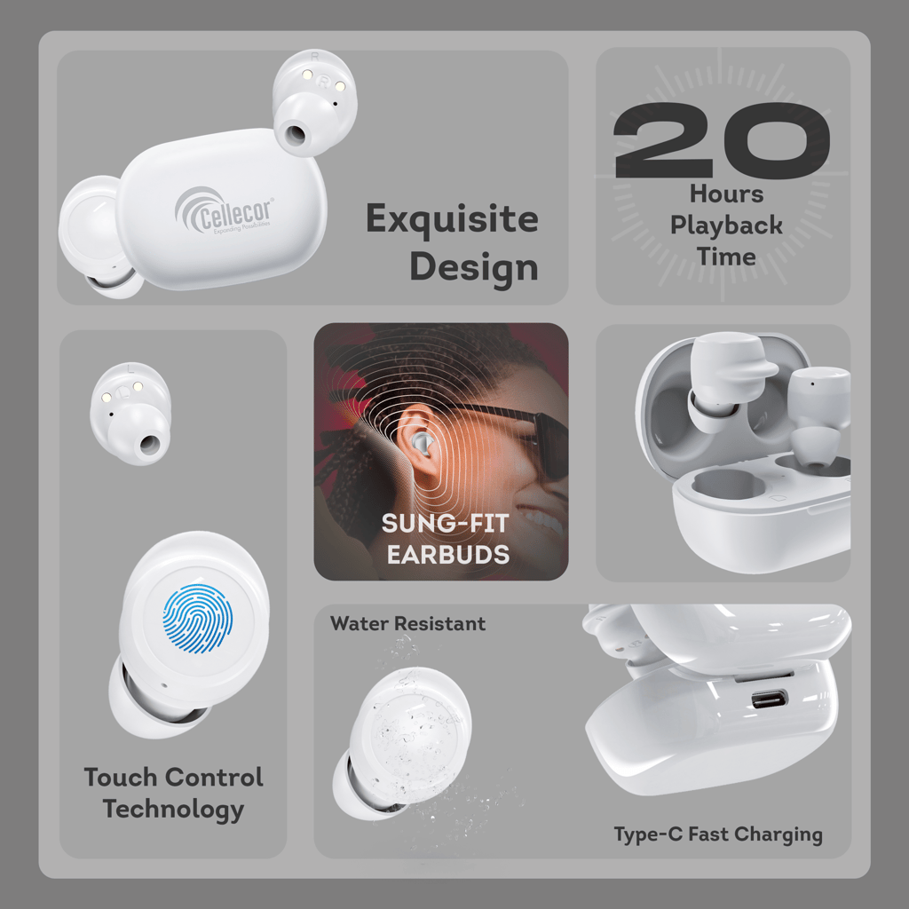Cellecor BroPods CB04 Waterproof Earbuds With 20 Hours Playtime, Automatic Pairing, ENC Bluetooth- White