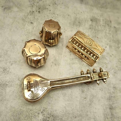 Brass Musical Decor Set - Tabla, Dugi, Sitar and Harmonium - 2.5 inch Height | Decorative Brass Musical Set with Tabla, Dugi, Sitar, and Harmonium